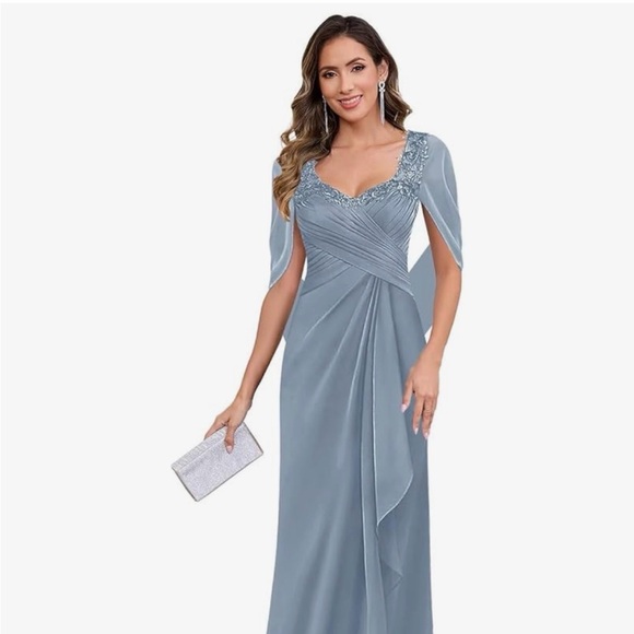 Bolodoo Dresses & Skirts - Sophisticated Dusty Blue Cape Sleeve Dress